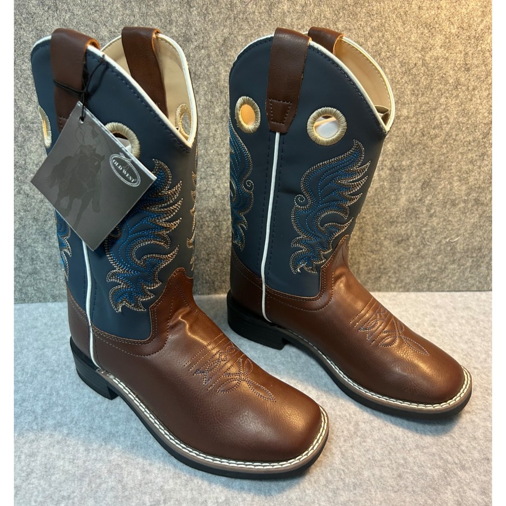 Old West VB9194 Boys 2 D Brown Blue Square Toe Western Cowboy Boots NIB
